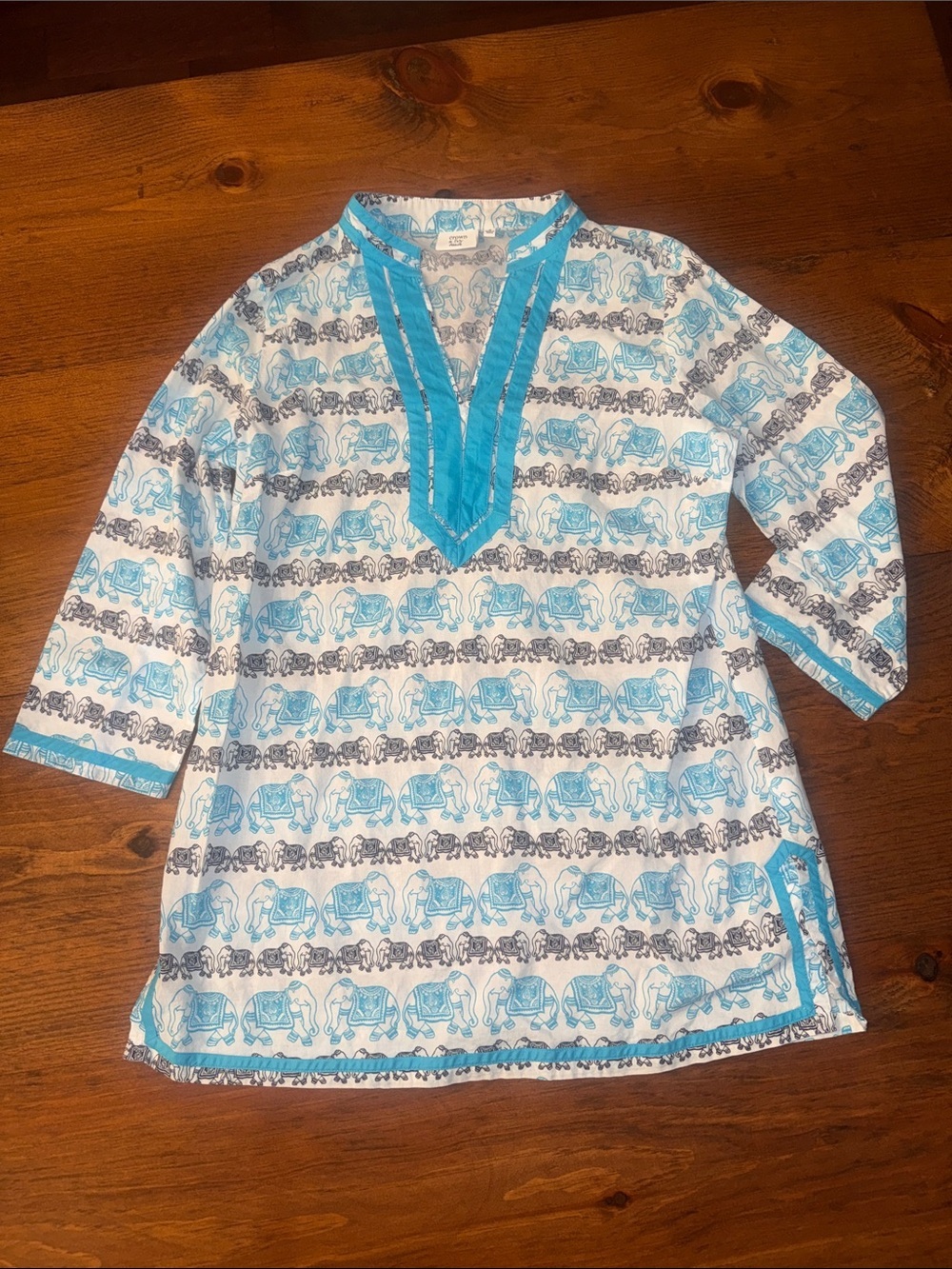 crown & ivy White Tunic Swim Coverup with Turquoise and Gray Elephant Print